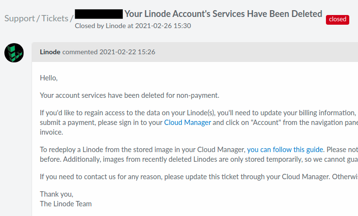 Linode services has been deleted  